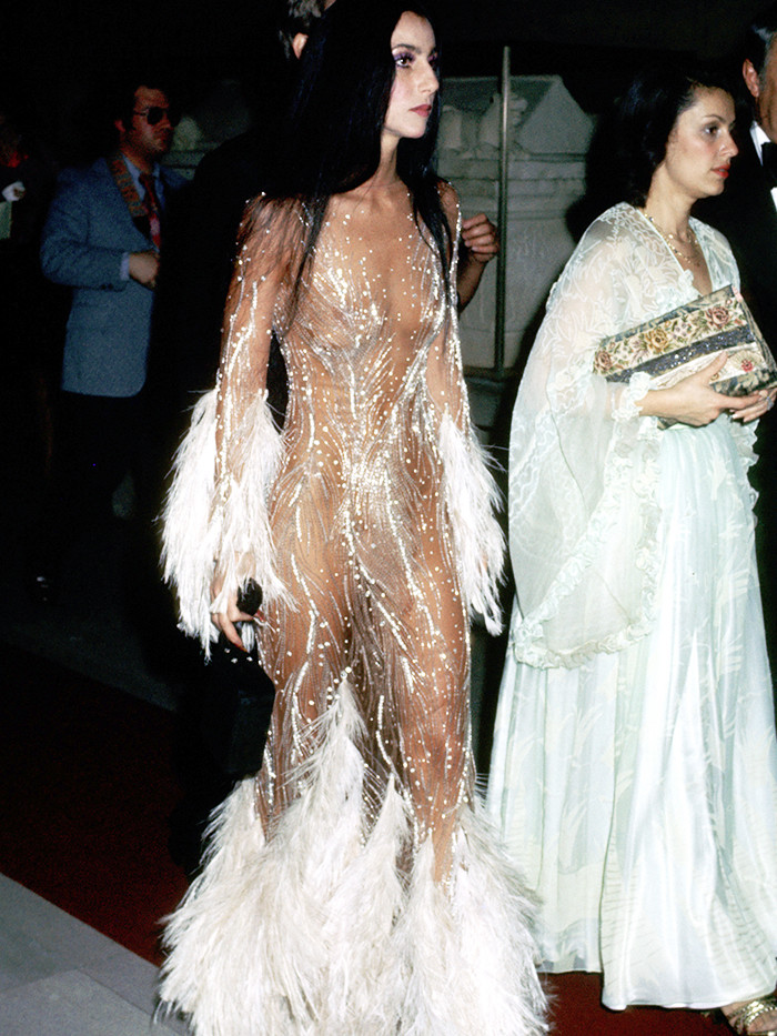 Iconic party looks: Cher in a a sheer feathered Bob Mackie gown