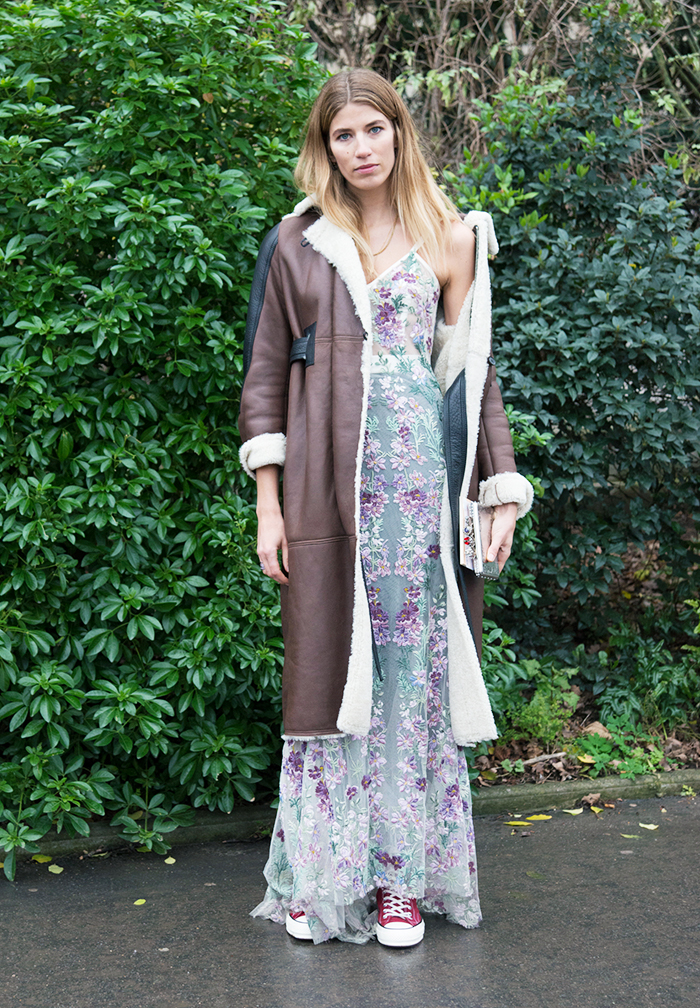 How to Wear Converse: veronika heilbrunner in a shearling coat and dress with converse