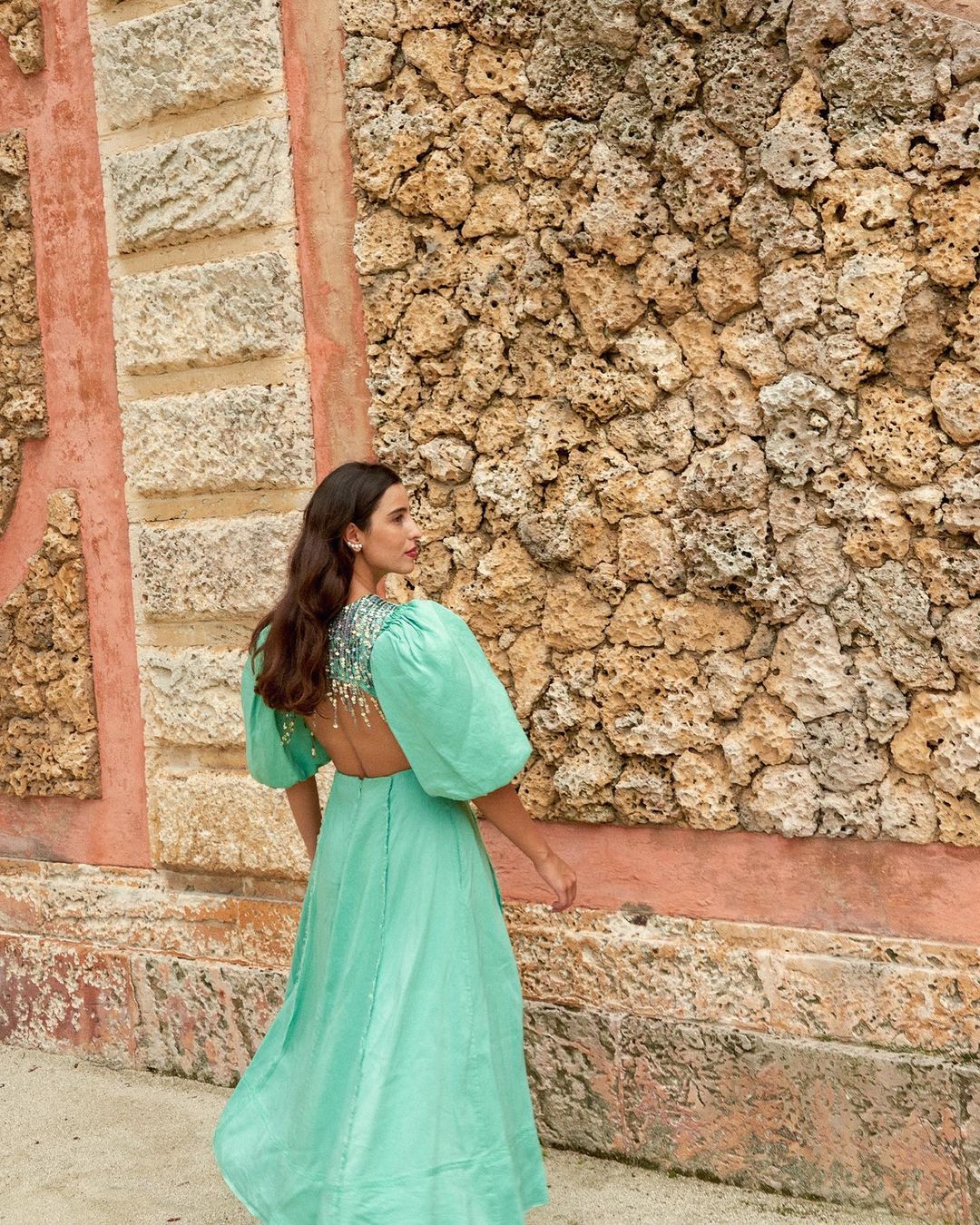 Wedding guest dresses: Bettina Looney wears an embellished turquoise dress