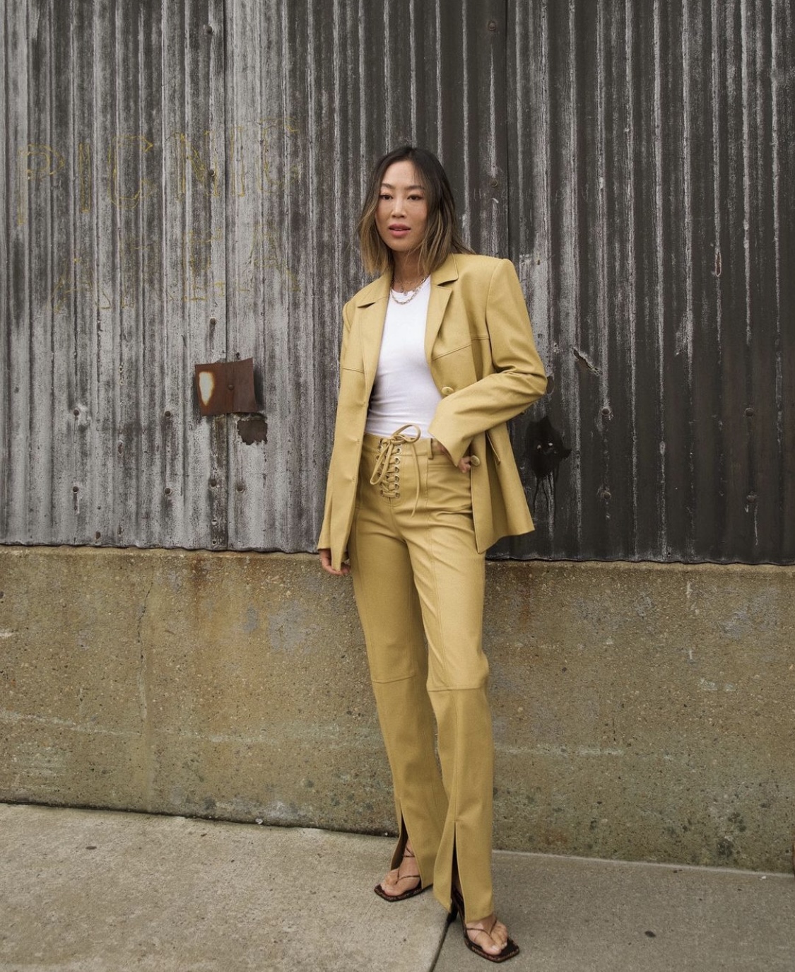 The best leather jackets: @aimeesong wears a leather blazer