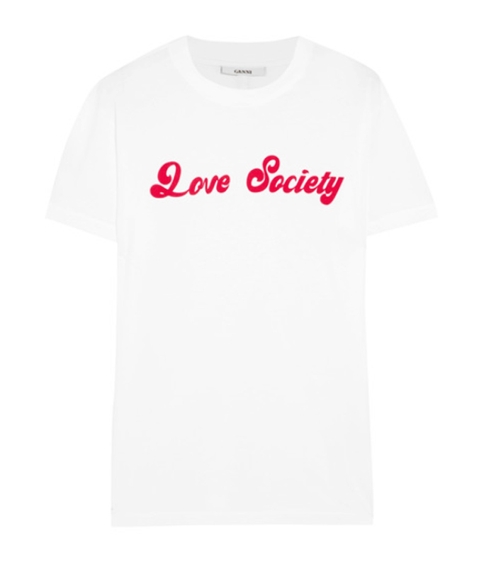 white t shirt with red writing