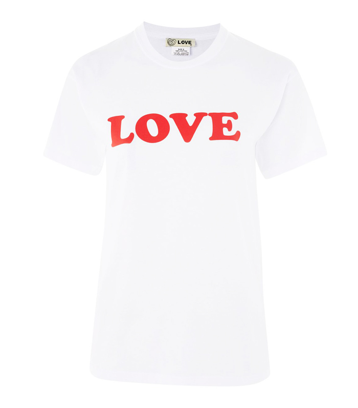 white tee with red writing