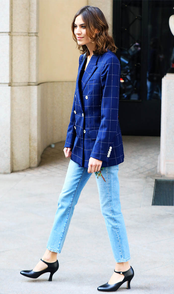 Alexa Chung Gucci blazer and embroidered jeans