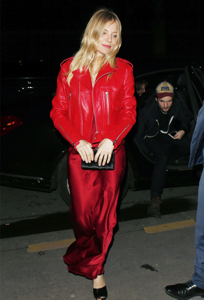 Sienna Miller red slip dress and leather jacket