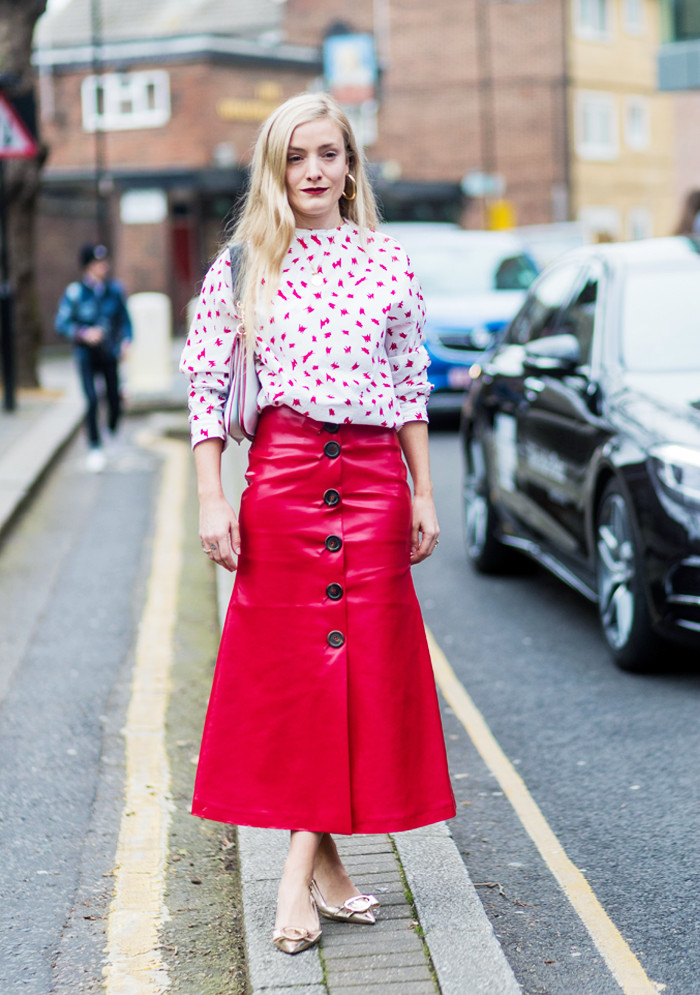how to wear a leather skirt: Kate Foley in a red leather skirt