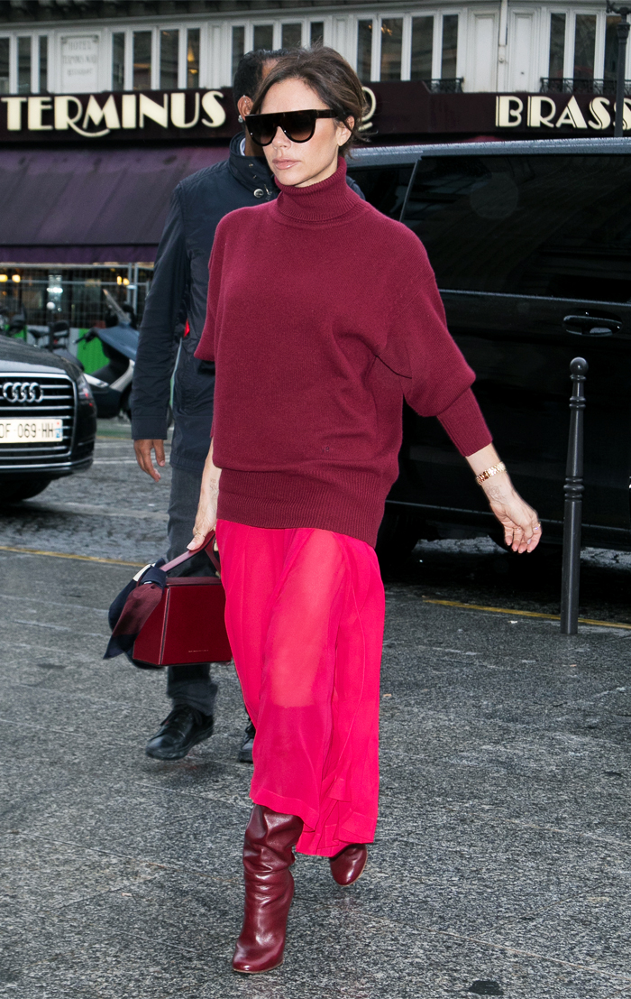 Victoria Beckham wearing head to toe red