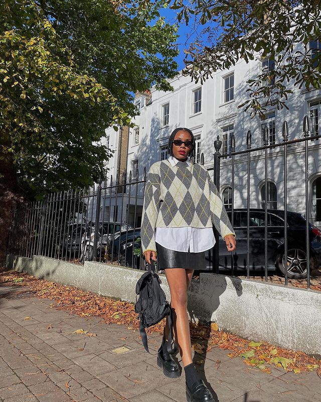 Easy Outfit Ideas: @the_oluwaseun styles an Argyle jumper with a leather skirt
