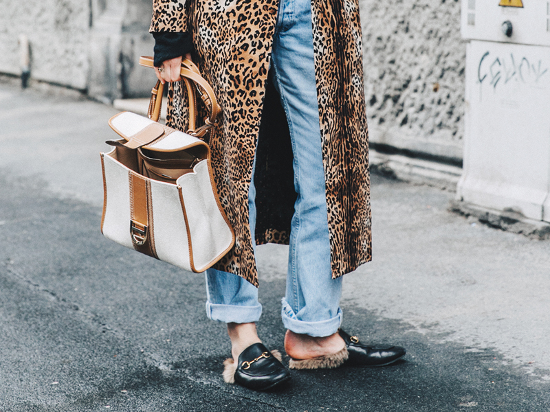 Gucci loafers leopard coat street style