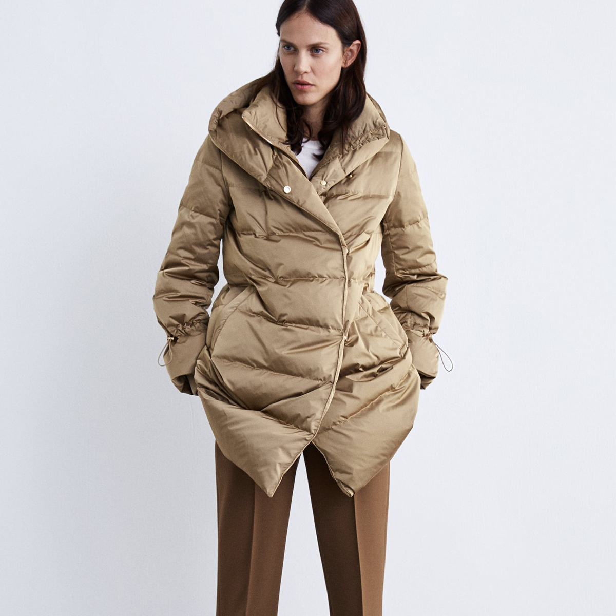 down puffer coat with wraparound collar
