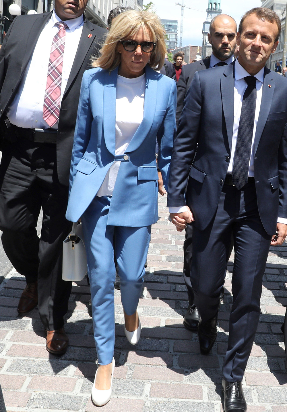 over 50 fashion and clothing inspiration: Brigitte Macron in a pastel blue suit and white T-shirt