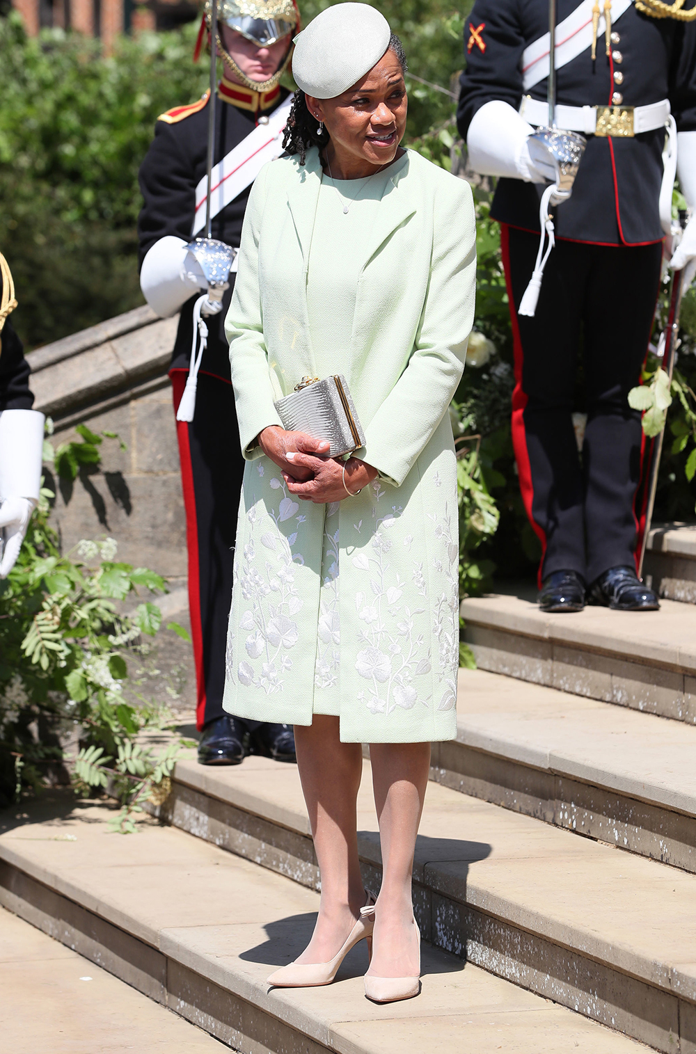 over 50 fashion and clothing inspiration: Doria Ragland at Meghan Markle's wedding wearing a pale green coat and dress