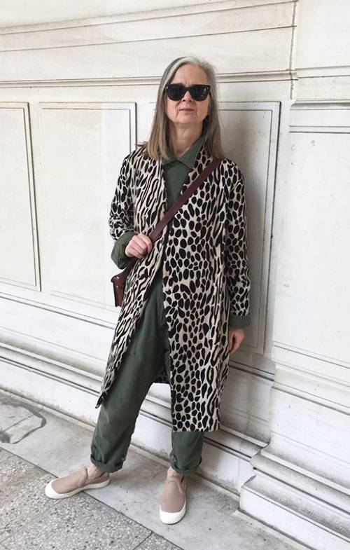 Over 50 fashion and clothing inspiration: Alyson Walsh wearing a leopard coat with a utility jumpsuit