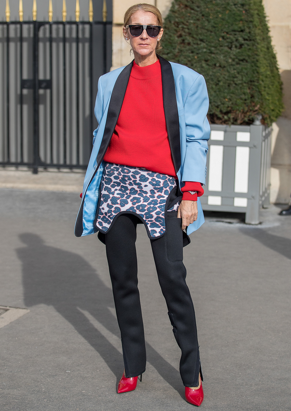 over 50 fashion and clothing inspiration: Celine Dion in a blue blazer, red jumper and skinny trousers