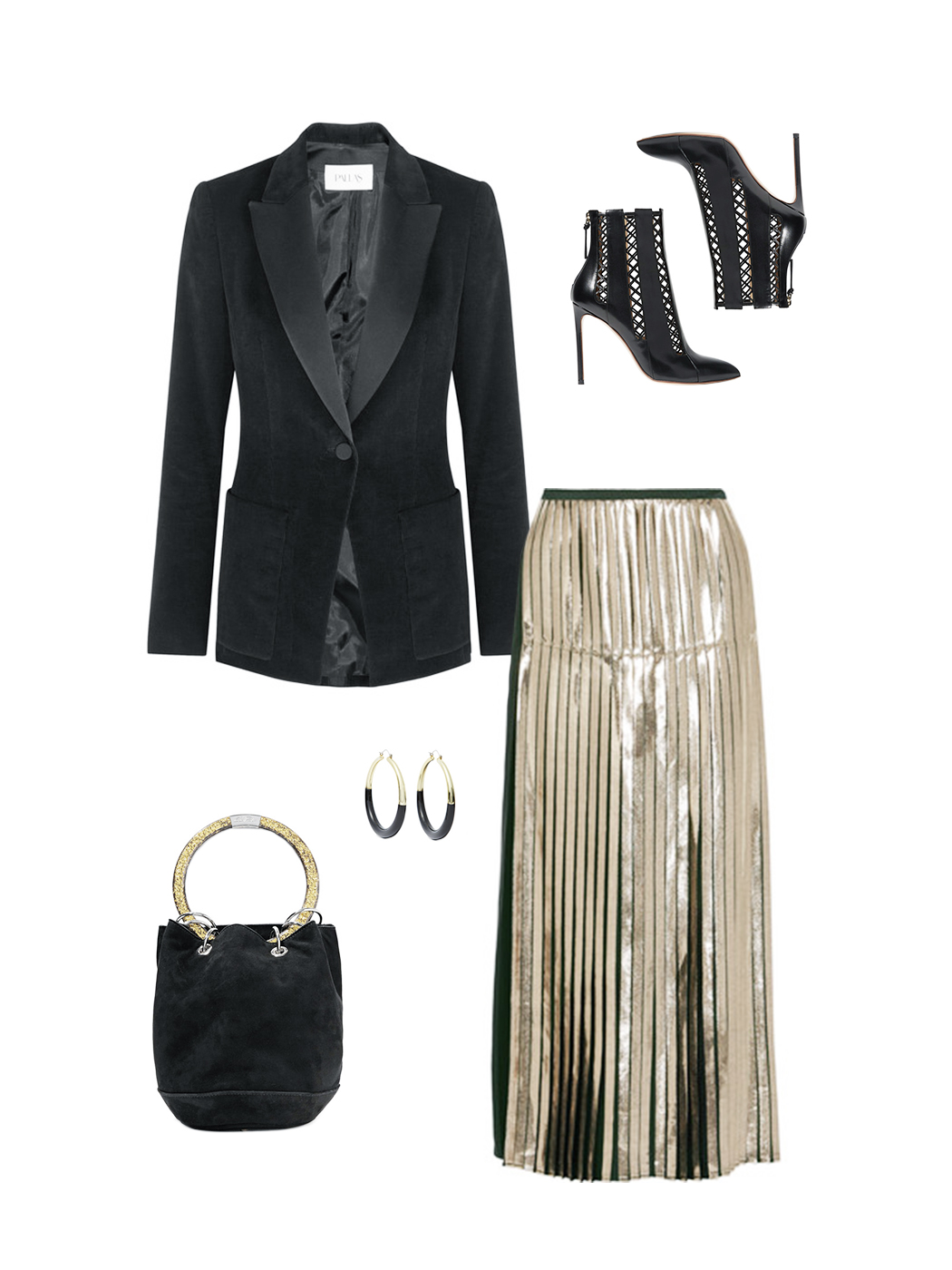 gold skirt black blazer