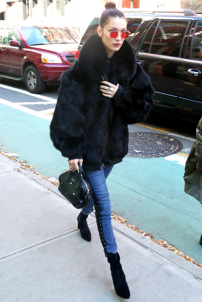 day to night outfit - bella hadid faux fur coat
