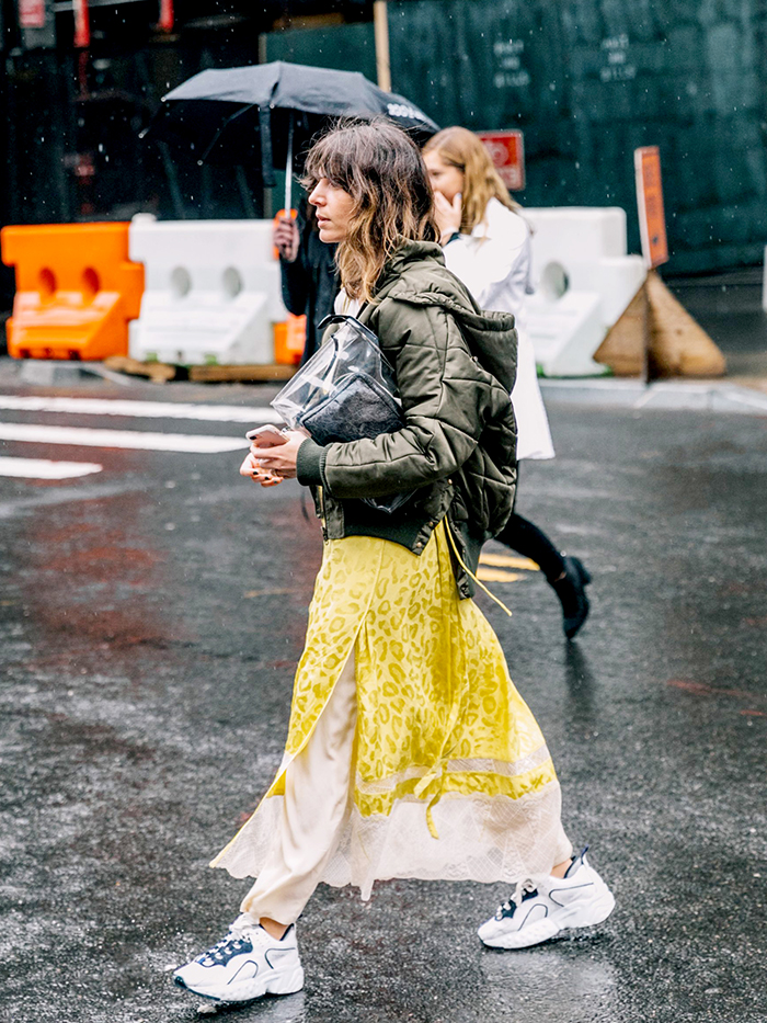platform sneakers street style: yellow dress with white sneakers