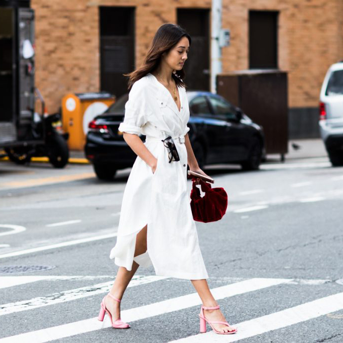 white dress with pink shoes