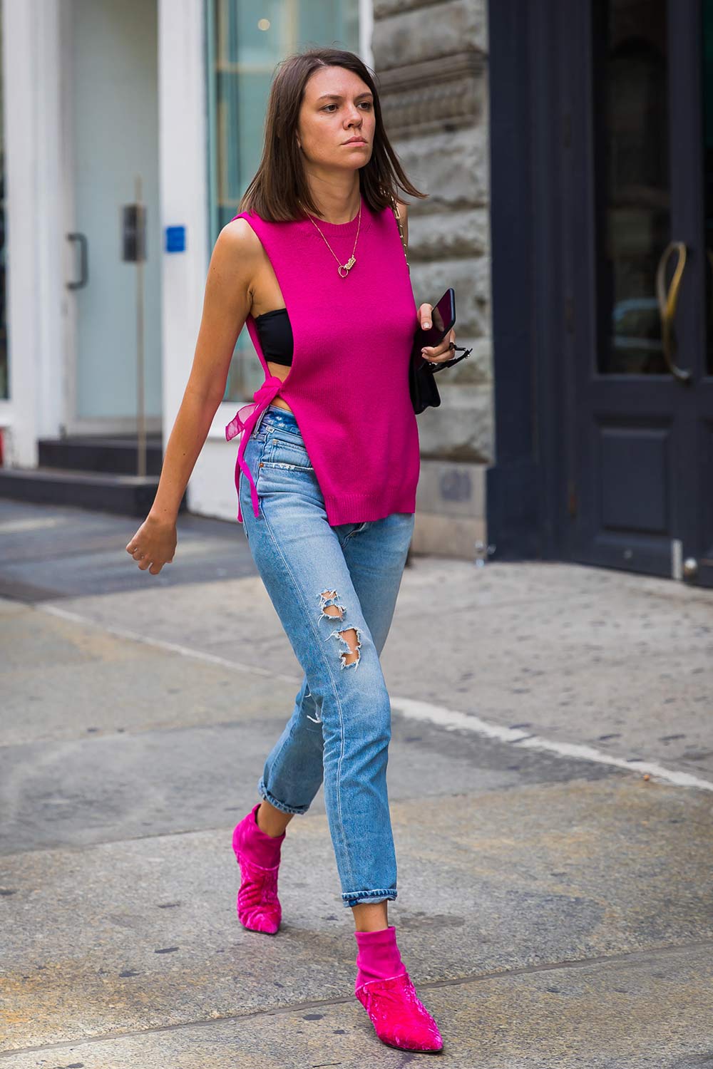denim and pink outfits