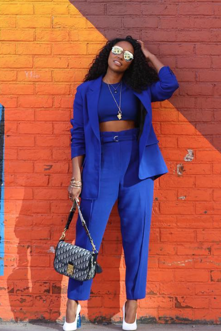 all blue outfits crop top suiting