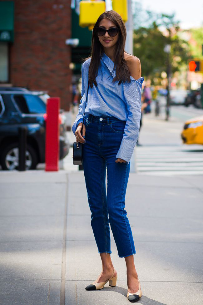 Alle blauen Outfits ein Schulter-Top Skinny Jeans