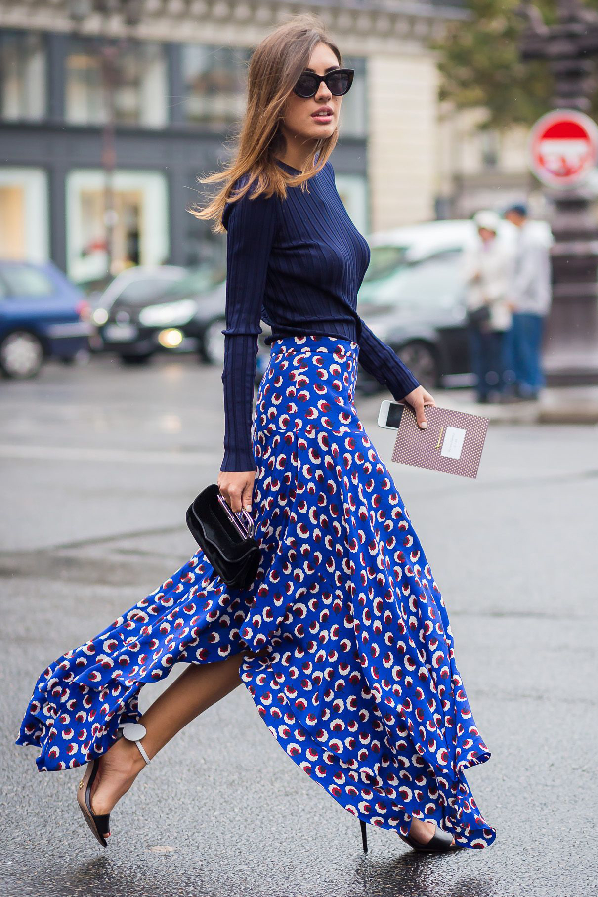 all blue outfits sweater midi skirt