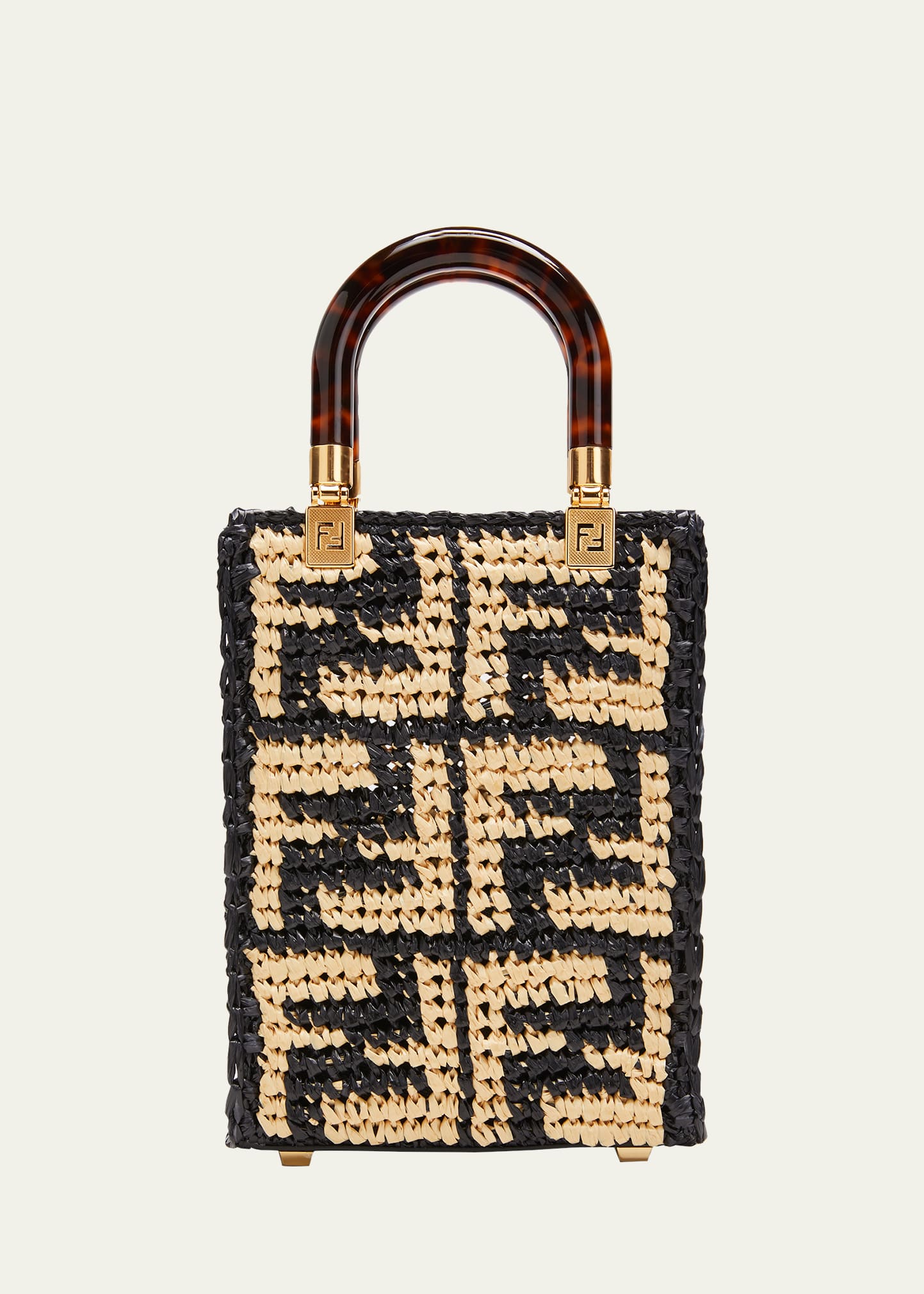 FENDI: Sunshine Medium bag in raffia with all-over embroidered FF