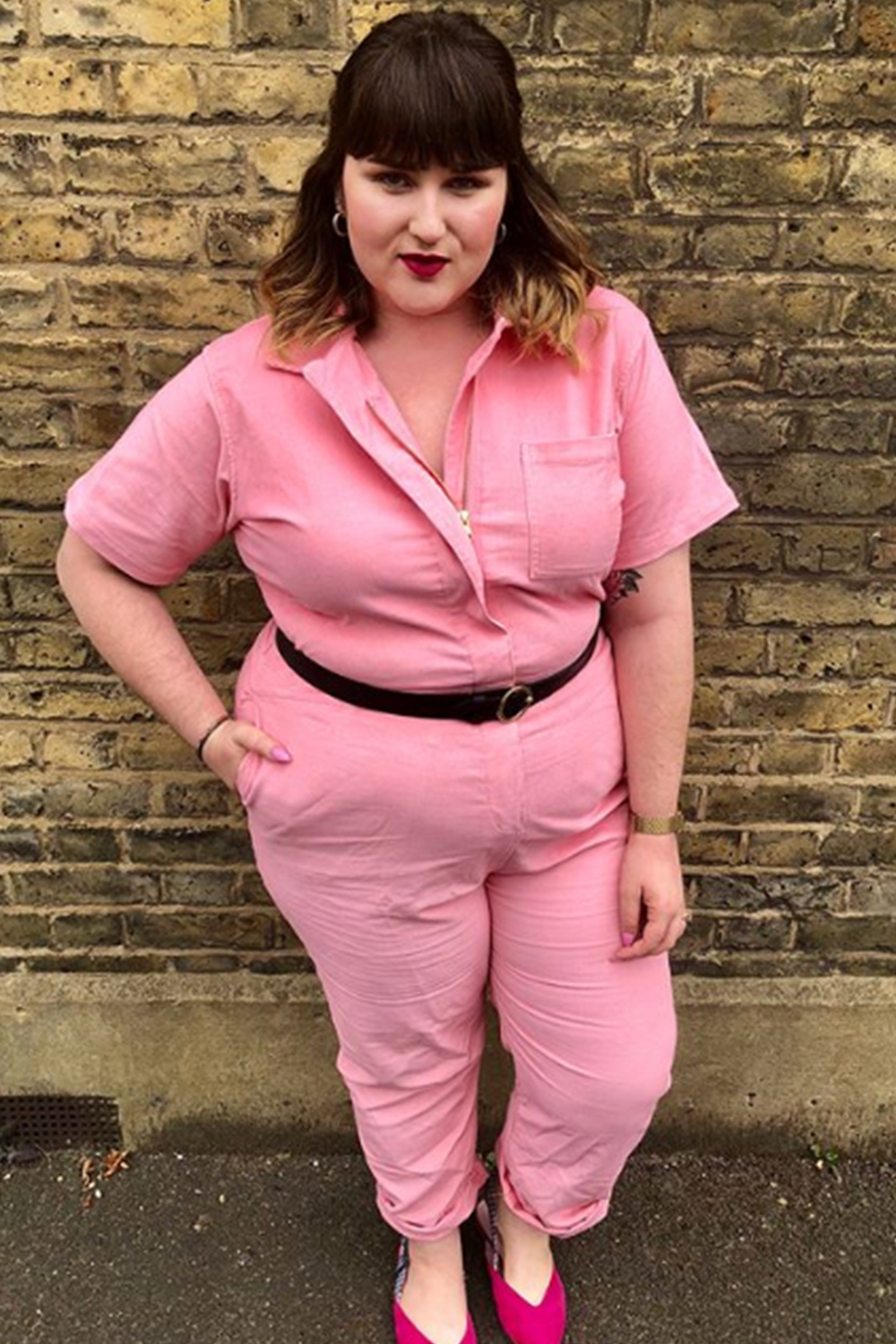 Zara plus size: Bethany Rutter wearing pink jumpsuit