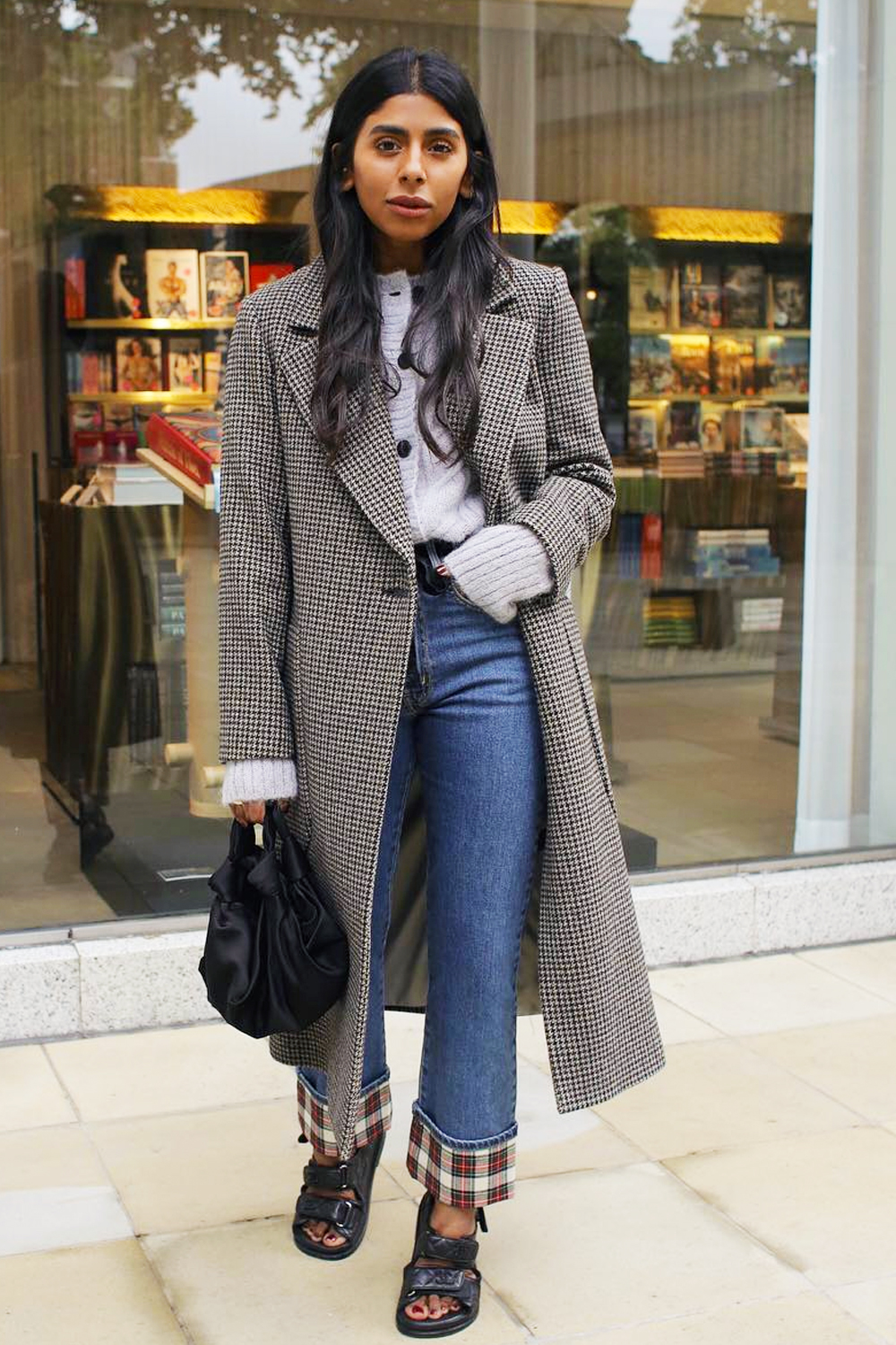 Instagram style tips: Monikh Dale wearing checked coat and jeans