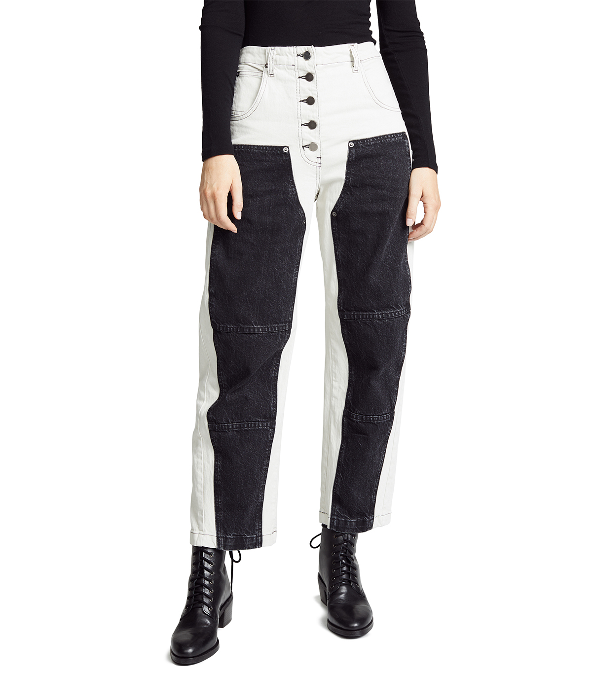 black and white color block jeans