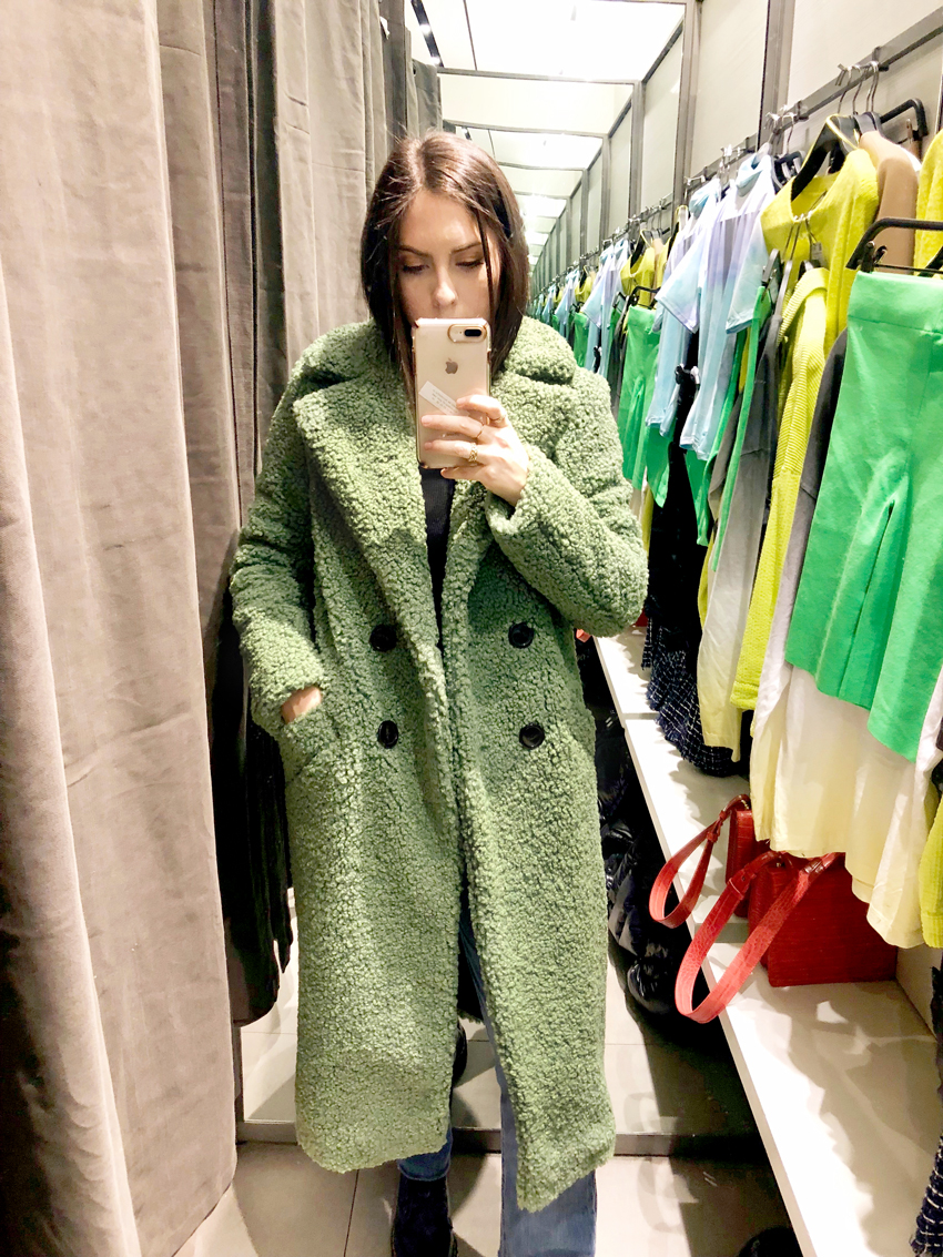 zara green fleece coat