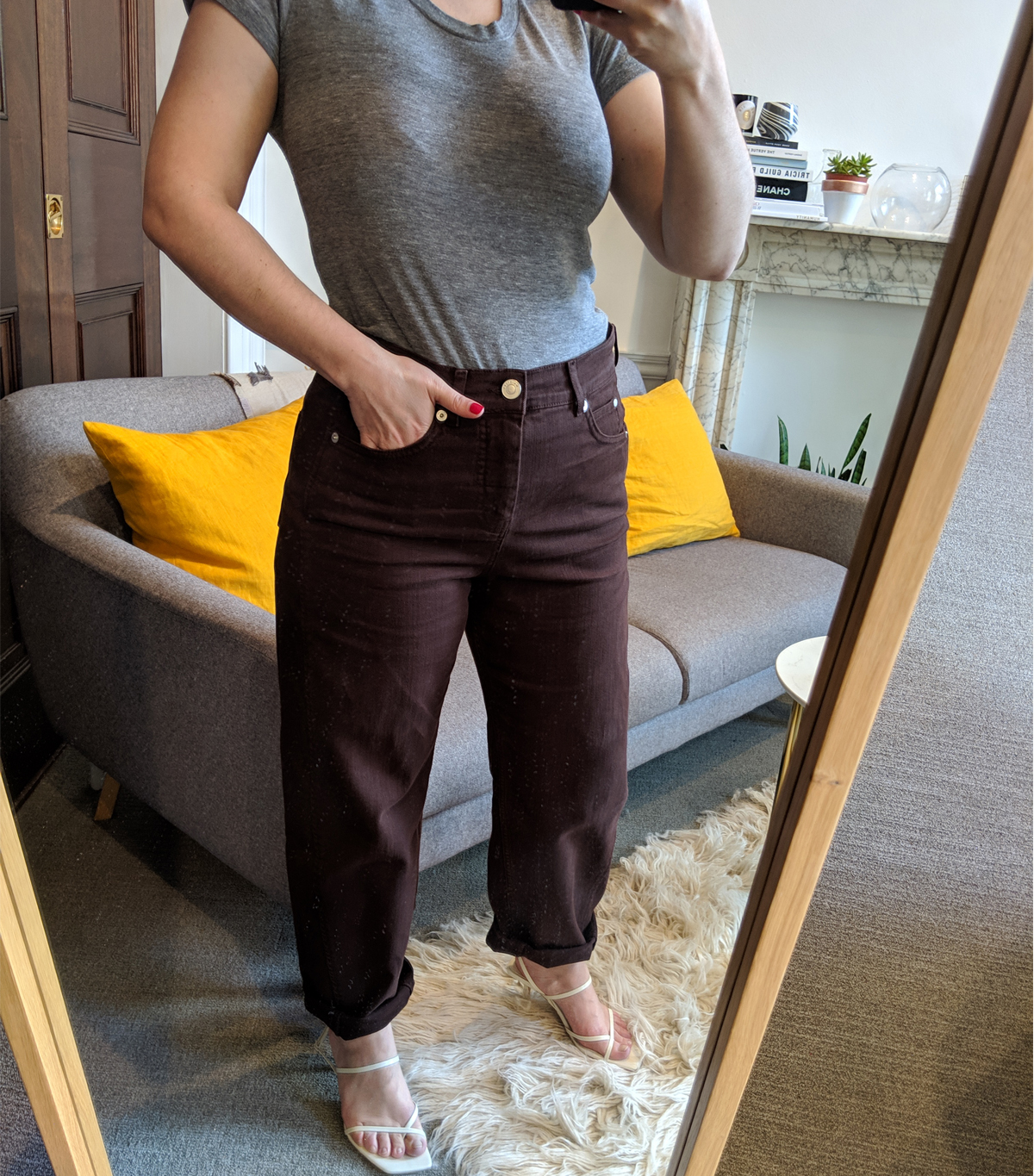 Whistles Barrel-leg jeans: in brown denim worn with a grey tee and strappy sandals