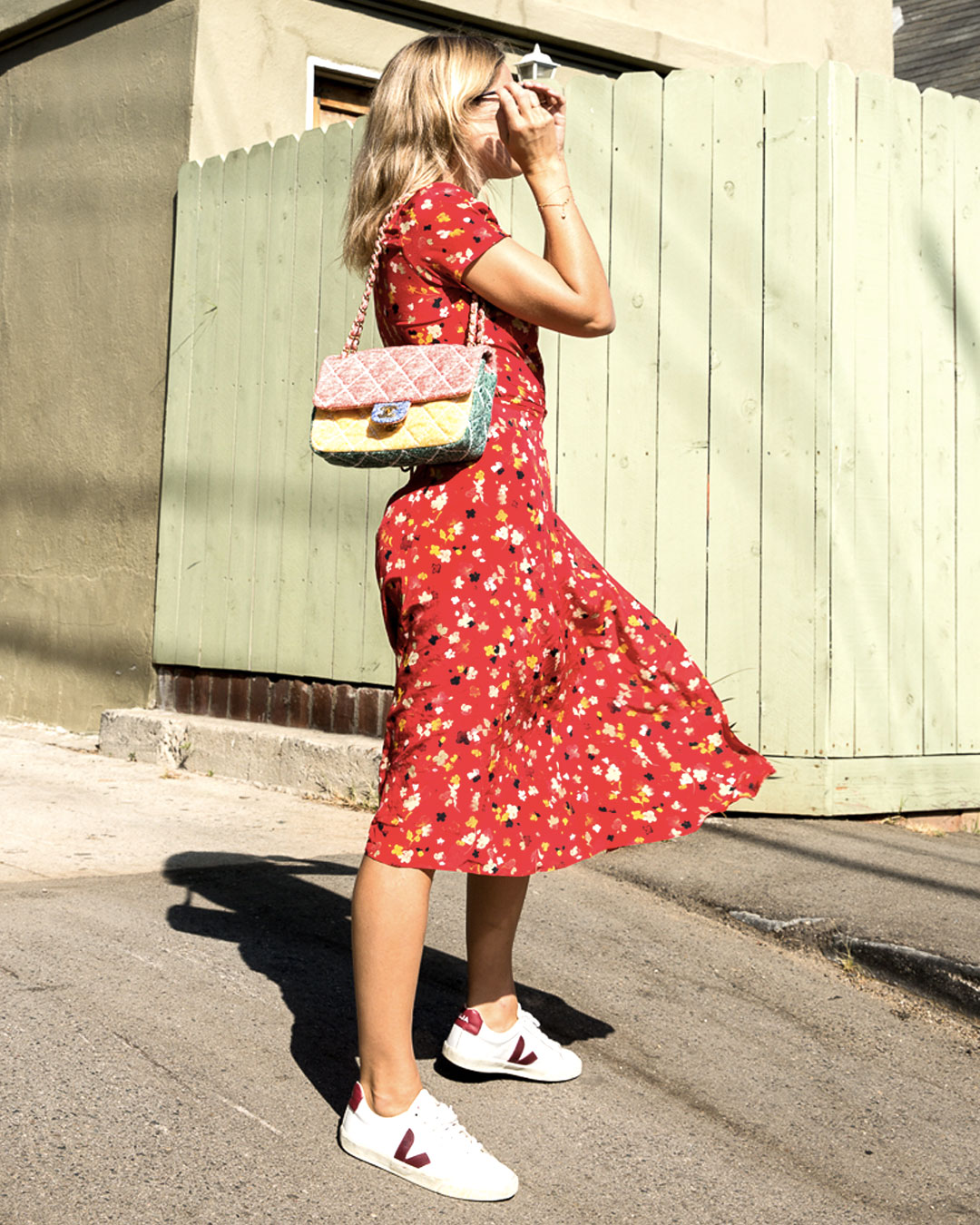 Best Classic Sneakers: Lucy Williams wears Veja Trainers and Realisation Par Summer Dress
