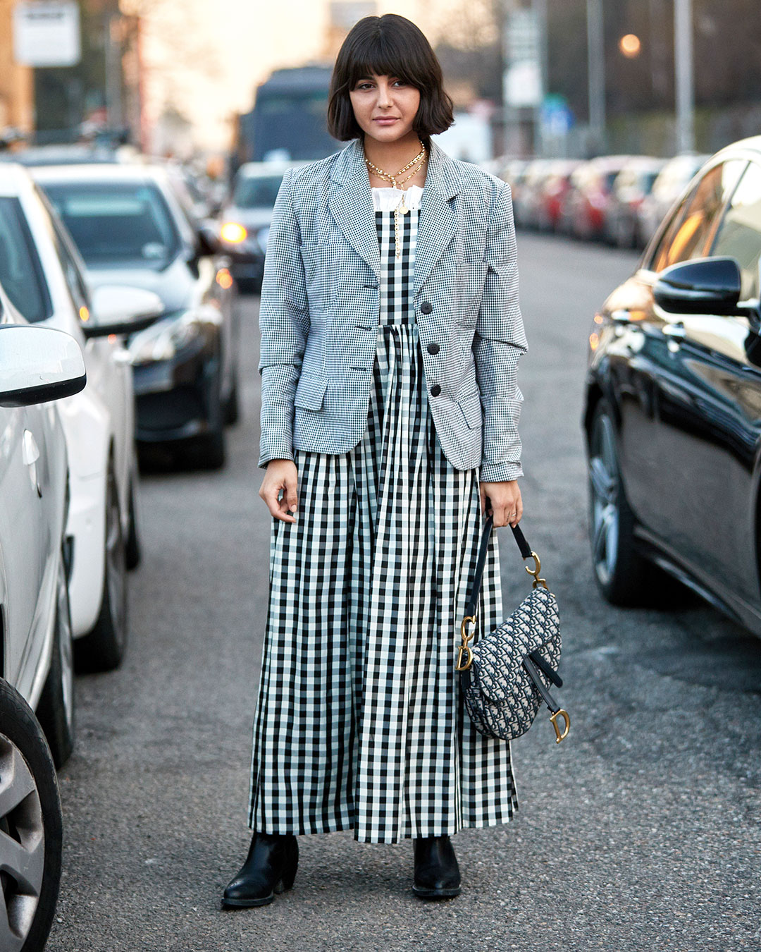 Best Street Style Dresses: Maria Bernad in Gingham Dress and Dior Saddle Bag