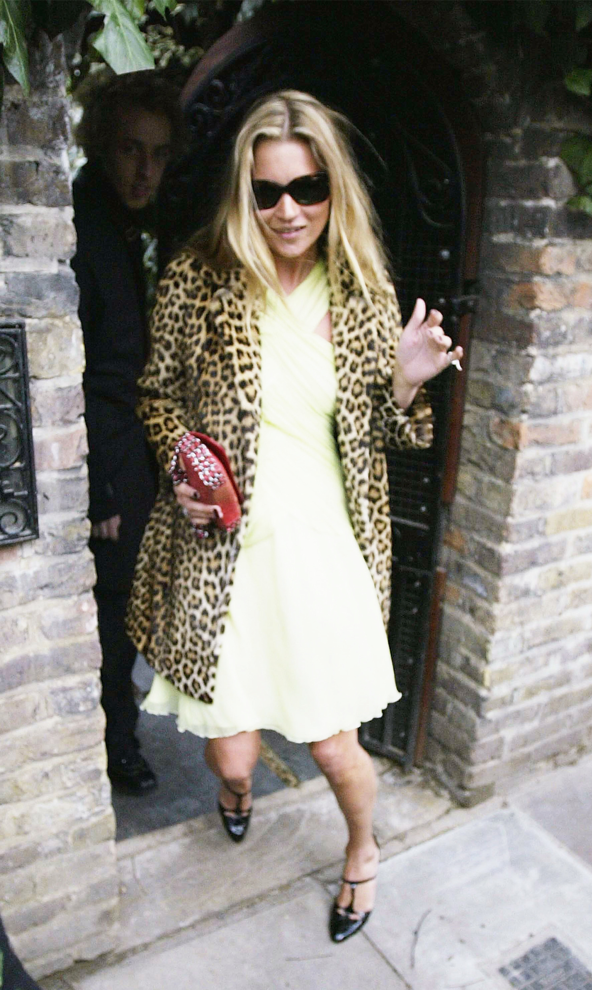 Kate Moss capsule wardrobe: leopard coat and yellow dress