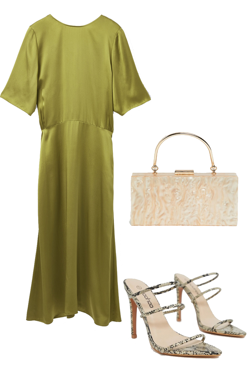 Affordable wedding guest outfits: satin midi and snake skin shoes