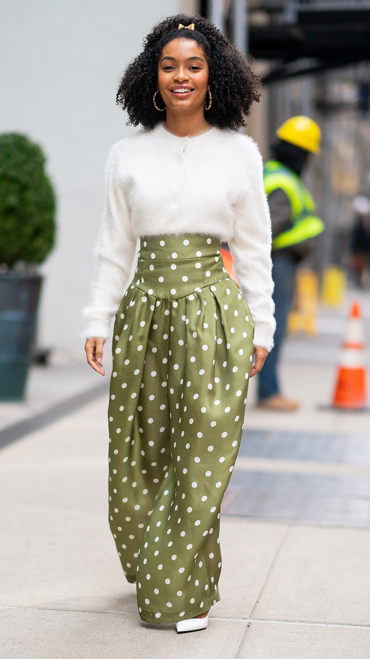 Yara Shahidi Style: Marc Jacobs Polka Dot Trousers and Fluffy Jumper