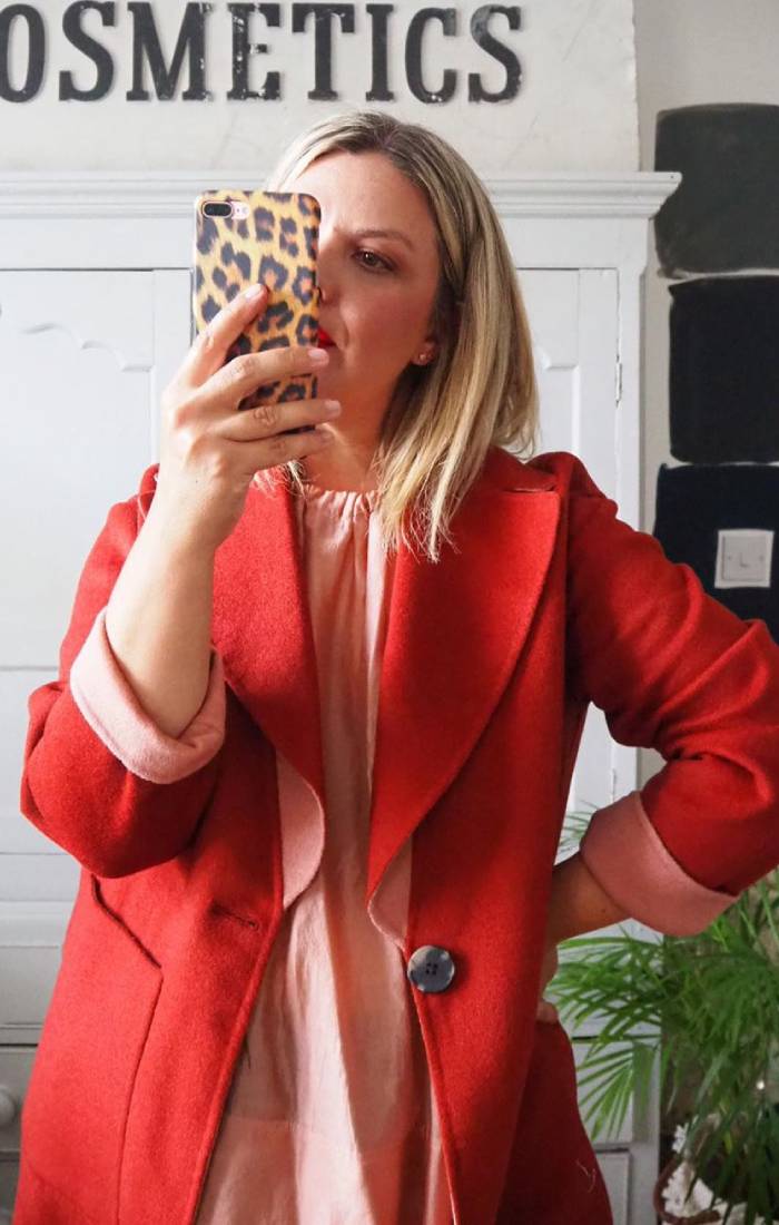 marks and spencer pink coat: erica davies wearing the coat