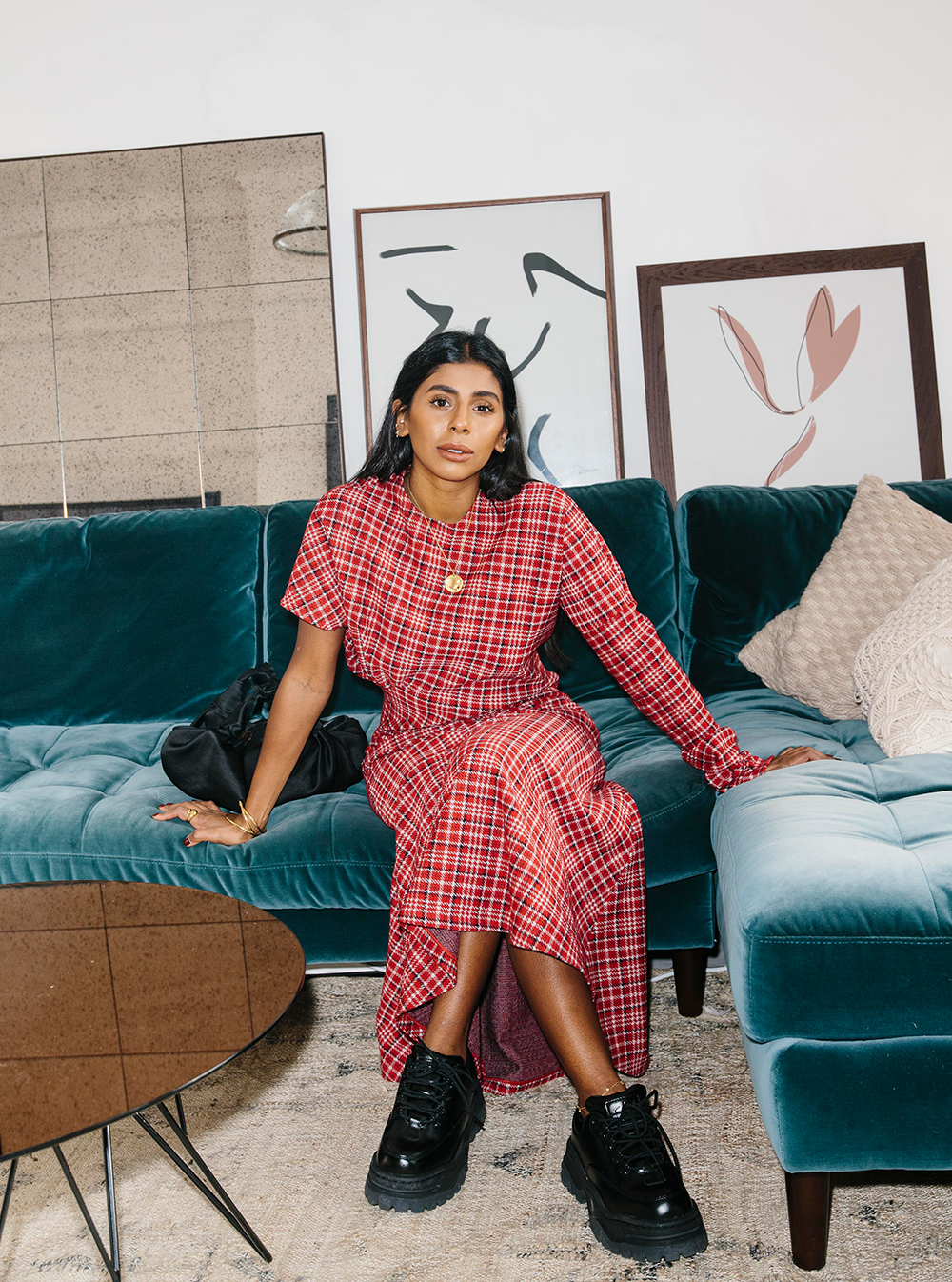 Eytys: Monikh wearing Angel platform trainers from Eytys with a checked dress