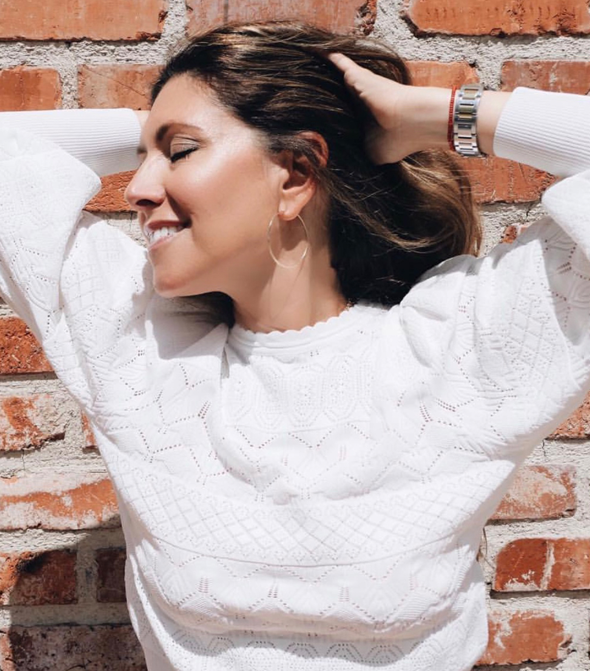 Clean Beauty Products for Mature Skin: Melissa wearing white jumper