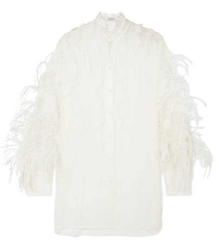 Valentino Feather-Trimmed Ruffled Silk-Organza Blouse