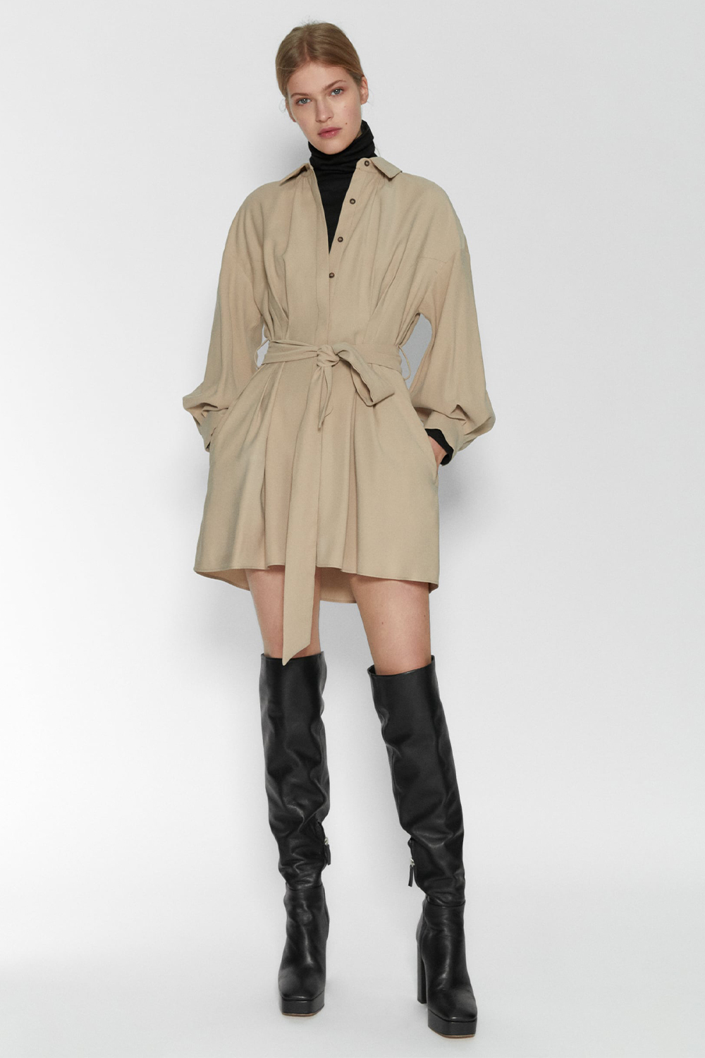 Zara Outfit Ideas: Beige Dress and Roll Neck Jumper