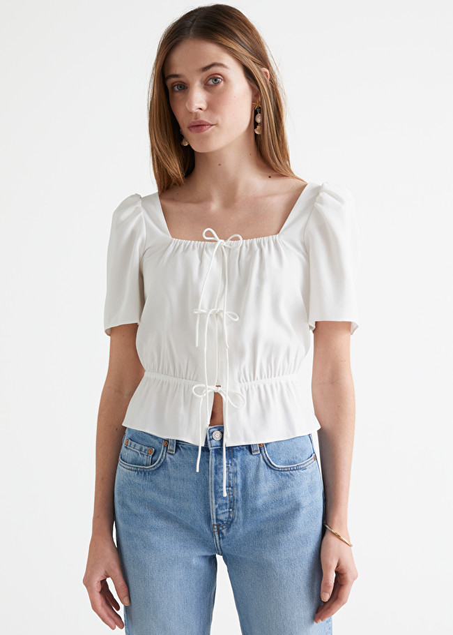 & Other Stories Puff Sleeve Spaghetti Tie Top