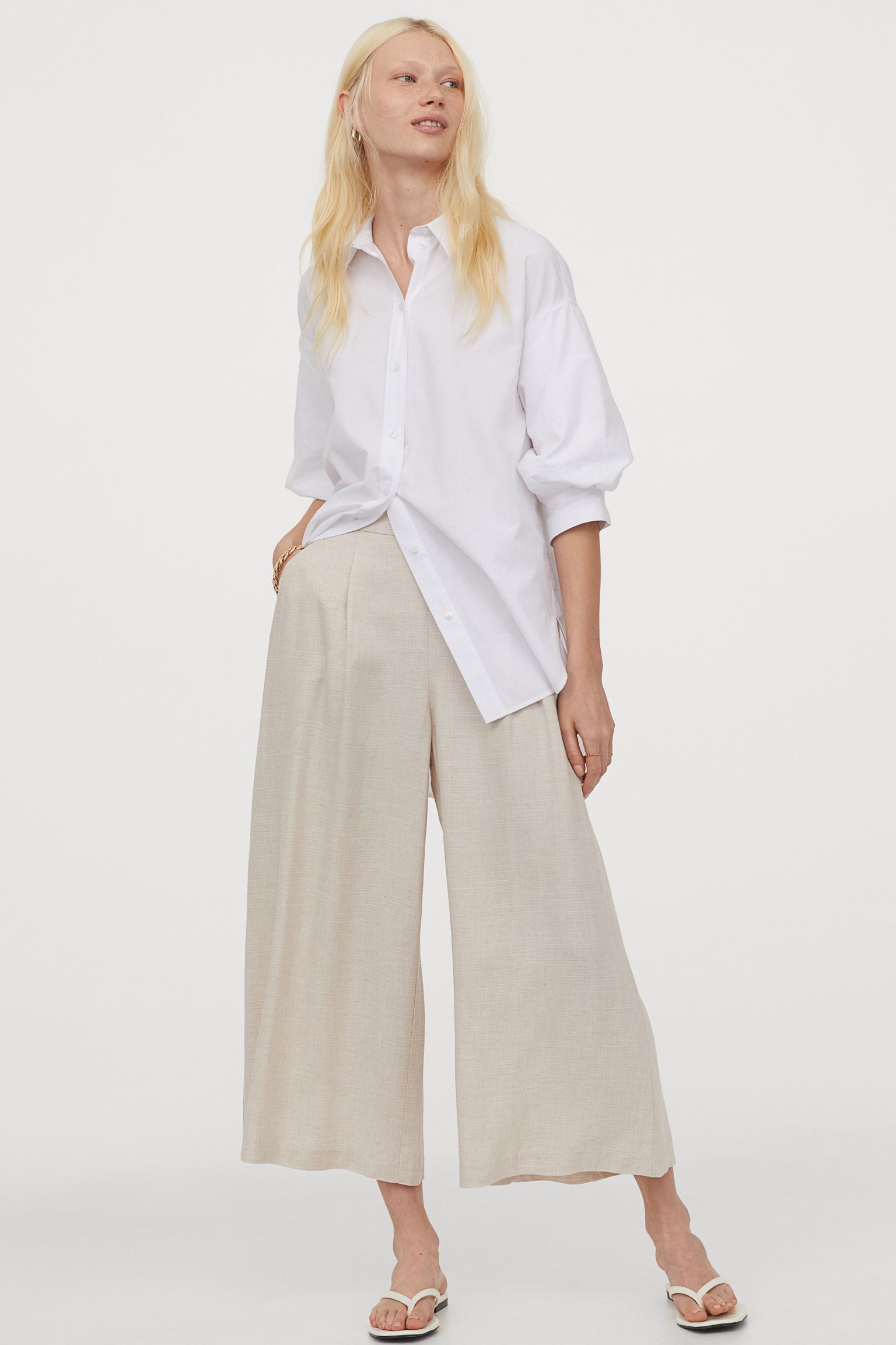 WOCACHI Casual Pants for Women Solid Linen Button Elastic Waist Roll Up Trousers Summer Cropped Palazzo Capris Pants 