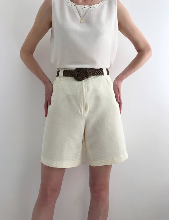 Vintage High Waisted Cotton Shorts in Yellow and White Gingham