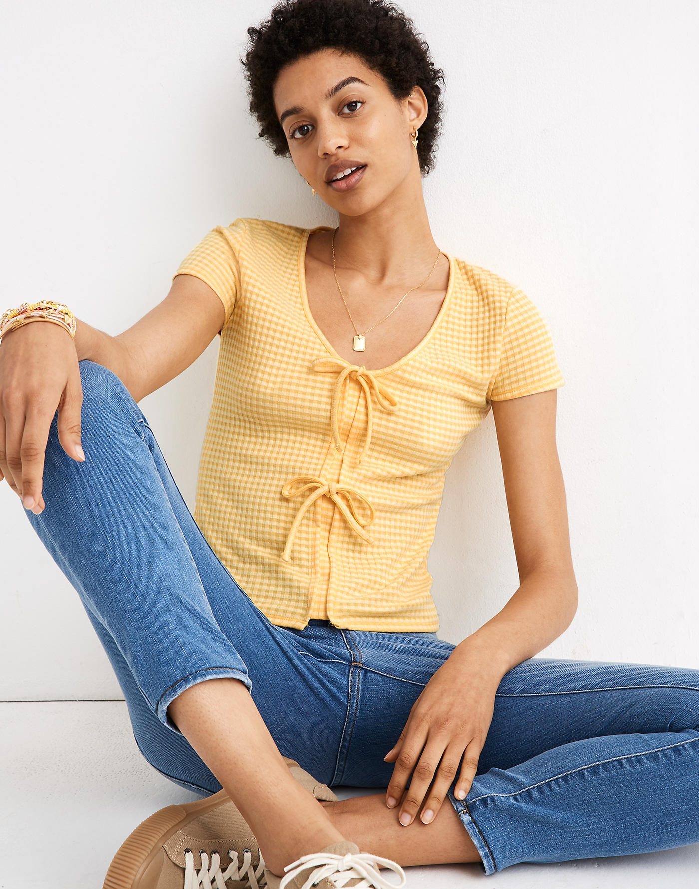 Madewell Gingham Bow-Front Tee