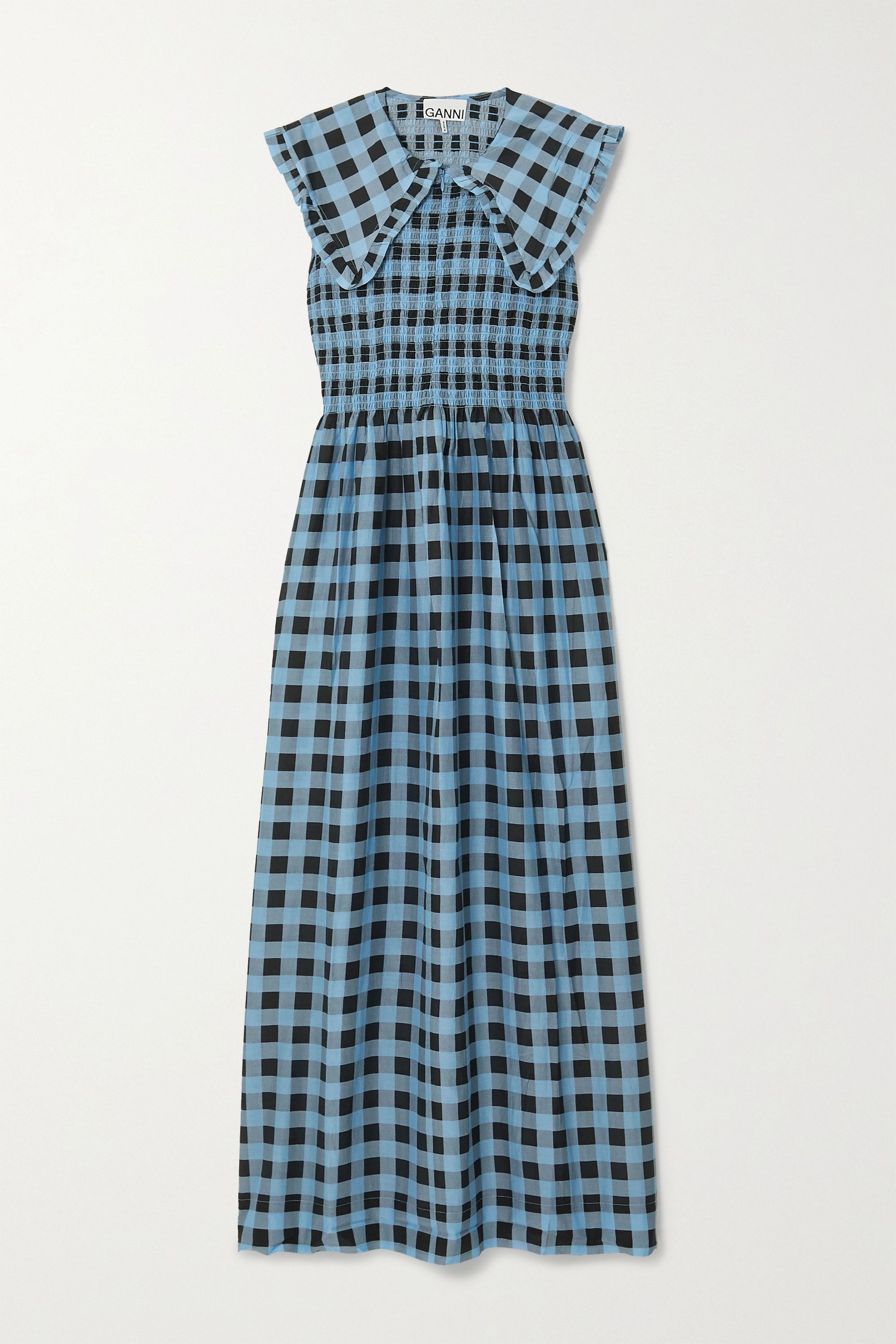 Ganni Smocked Checked Cotton and Silk-Blend Maxi Dress