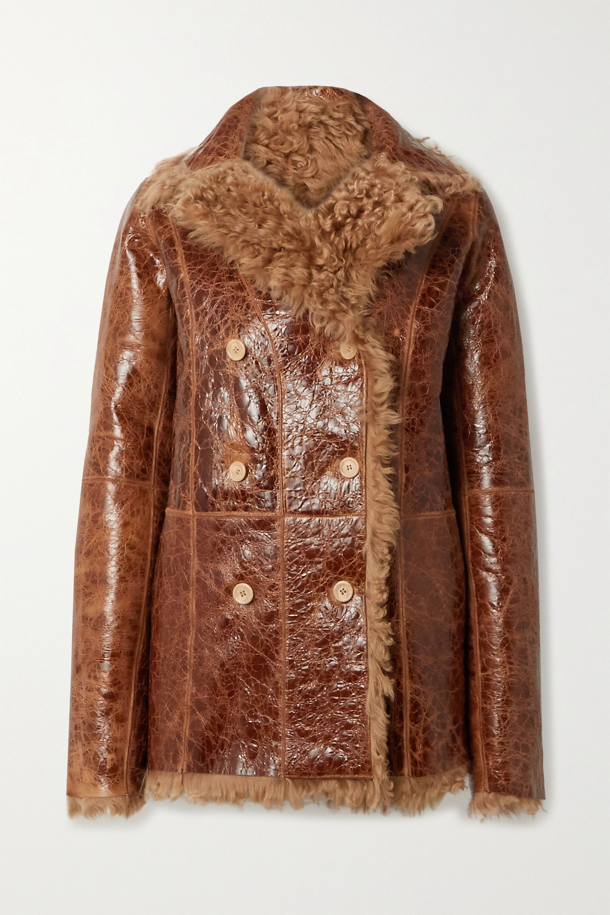 Sies Marjan Pippa Oversized Reversible Glossed Cracked-Leather and Shearling Coat