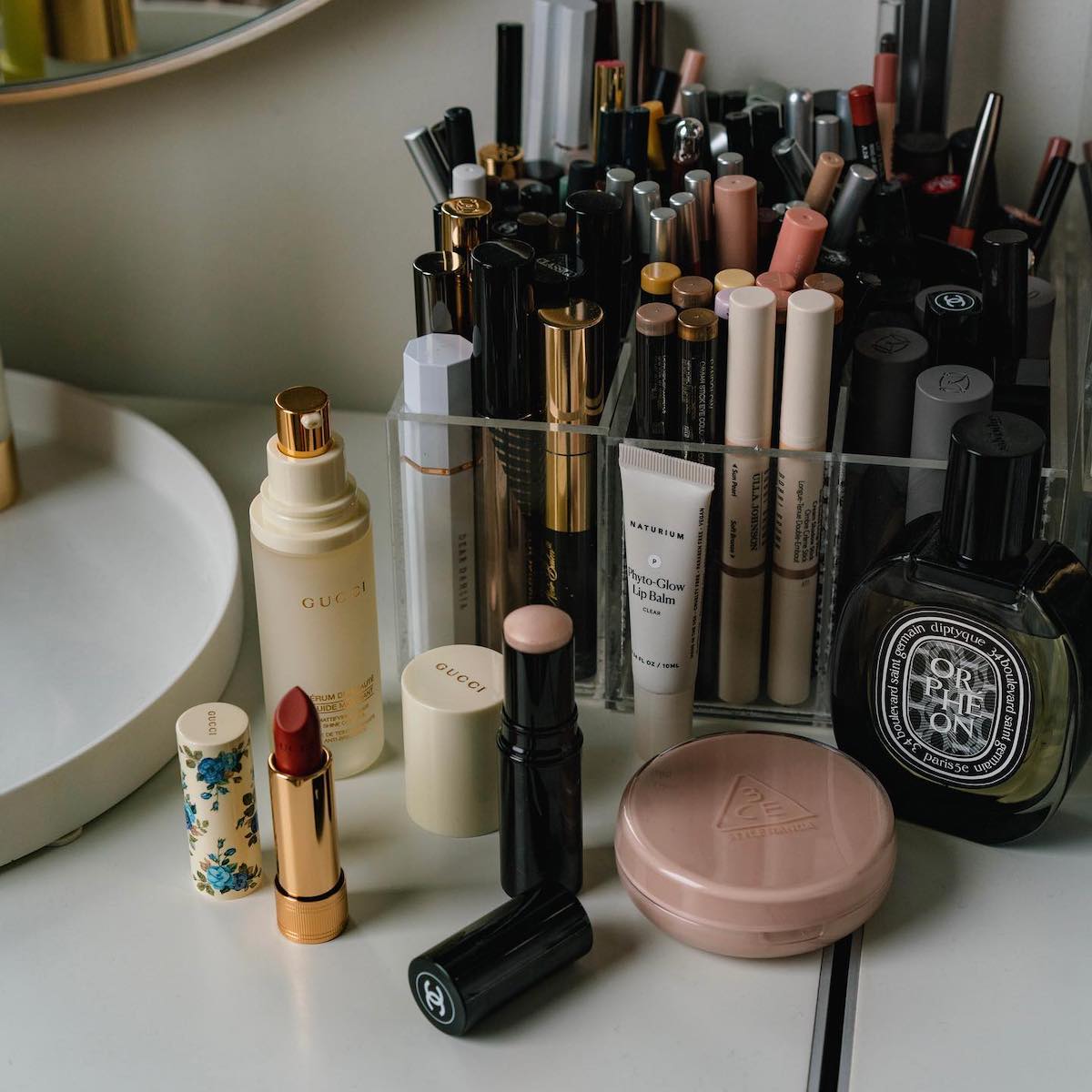 Beauty products on vanity