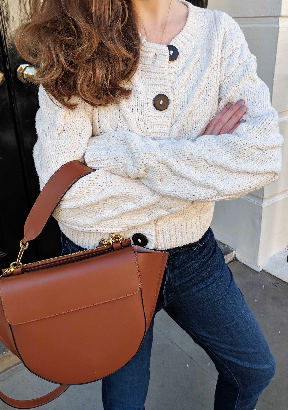 Best knitwear 2020: beige chunky cardigan and jeans