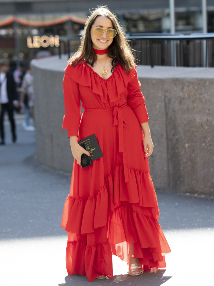best street style outfits: hannah almassi wearing a red dress by rejina pyo